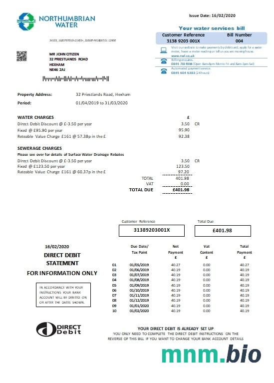 United Kingdom Northumbrian Water rachunek za media template in Word i PDF format, version 2